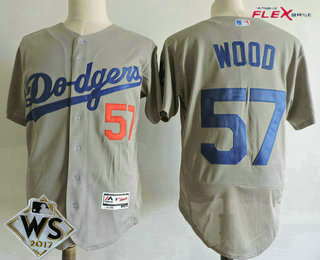 Men's Los Angeles Dodgers #57 Alex Wood Gray Alternate 2017 World Series Patch Stitched MLB Flex Base Jersey