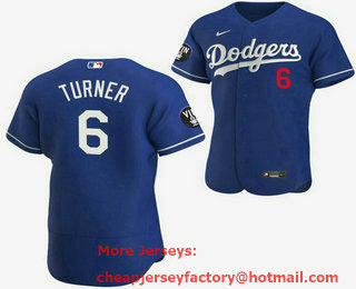 Men's Los Angeles Dodgers #6 Trea Turner 2022 Blue Vin Scully Patch Flex Base Stitched Baseball Jersey