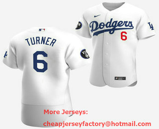 Men's Los Angeles Dodgers #6 Trea Turner 2022 White Vin Scully Patch Flex Base Stitched Baseball Jersey