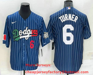 Men's Los Angeles Dodgers #6 Trea Turner Number Navy Blue Pinstripe 2020 World Series Cool Base Nike Jersey 01