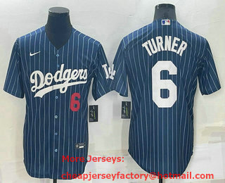 Men's Los Angeles Dodgers #6 Trea Turner Number Red Navy Blue Pinstripe Stitched MLB Cool Base Nike Jersey