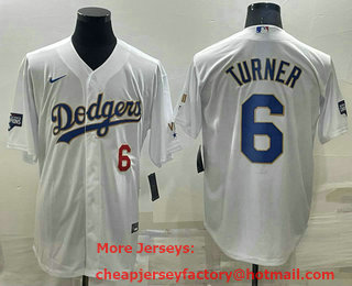 Men's Los Angeles Dodgers #6 Trea Turner Number White Gold Championship Stitched MLB Cool Base Nike Jersey