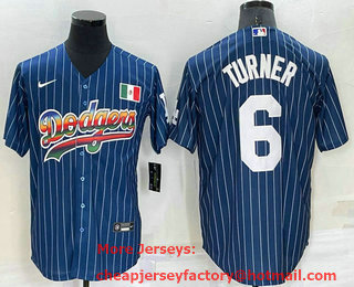 Men's Los Angeles Dodgers #6 Trea Turner Rainbow Blue Red Pinstripe Mexico Cool Base Nike Jersey