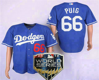 Men's Los Angeles Dodgers #66 Yasiel Puig With Small Number Royal Blue 2018 World Series Patch Stitched MLB Cool Base MLB Jersey
