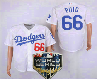 Men's Los Angeles Dodgers #66 Yasiel Puig With Small Number White Home 2018 World Series Patch Stitched MLB Cool Base MLB Jersey