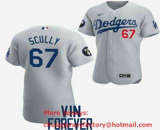 Men's Los Angeles Dodgers #67 Vin Scully 2022 Grey Vin Scully Patch Flex Base Stitched Baseball Jersey