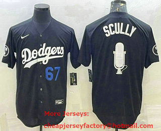Men's Los Angeles Dodgers #67 Vin Scully Black Blue Big Logo With Vin Scully Patch Stitched Jersey