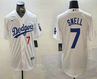Men's Los Angeles Dodgers #7 Blake Snell Number White Cool Base Stitched Jersey