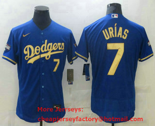 Men's Los Angeles Dodgers #7 Julio Urias Blue Gold Name Champions Patch Stitched MLB Flex Base Nike Jersey