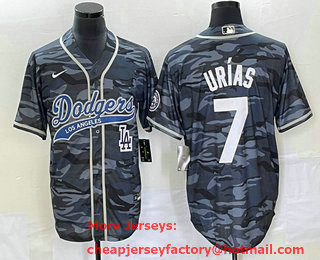 Men's Los Angeles Dodgers #7 Julio Urias Gray Camo Cool Base With Patch Stitched Baseball Jersey 02