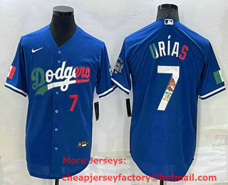 Men's Los Angeles Dodgers #7 Julio Urias Mexico Number Blue Cool Base Stitched Baseball Jersey