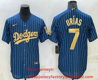 Men's Los Angeles Dodgers #7 Julio Urias Navy Blue Gold Pinstripe Stitched MLB Cool Base Nike Jersey