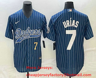 Men's Los Angeles Dodgers #7 Julio Urias Number Blue Pinstripe Cool Base Stitched Baseball Jersey