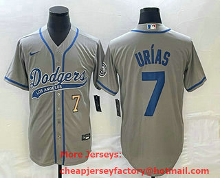 Men's Los Angeles Dodgers #7 Julio Urias Number Grey With Patch Cool Base Stitched Baseball Jersey 01