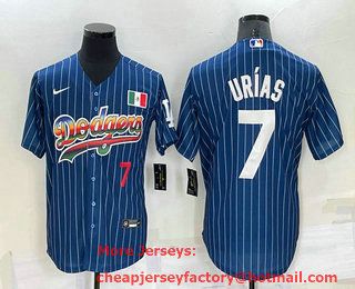 Men's Los Angeles Dodgers #7 Julio Urias Number Rainbow Blue Red Pinstripe Mexico Cool Base Nike Jersey 01