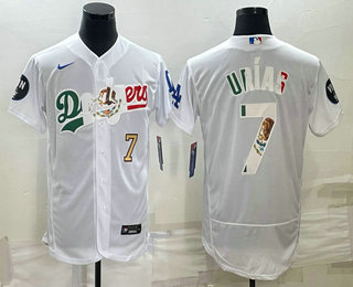 Men's Los Angeles Dodgers #7 Julio Urias Number White With Vin Scully Patch Flex Base Stitched Baseball Jersey 01