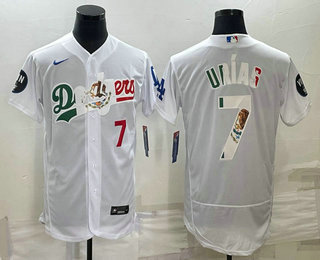 Men's Los Angeles Dodgers #7 Julio Urias Number White With Vin Scully Patch Flex Base Stitched Baseball Jersey 03