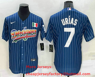 Men's Los Angeles Dodgers #7 Julio Urias Rainbow Navy Blue Pinstripe Mexico Cool Base Nike Jersey