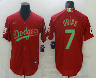 Men's Los Angeles Dodgers #7 Julio Urias Red Green Mexico 2020 World Series Stitched MLB Jersey