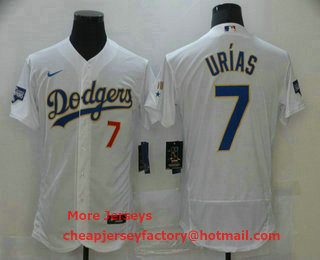 Men's Los Angeles Dodgers #7 Julio Urias White Gold Champions Patch Stitched MLB Flex Base Nike Jersey