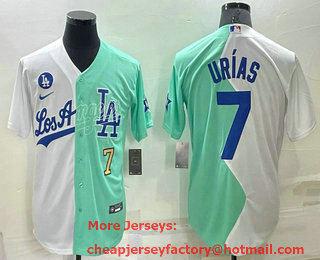 Men's Los Angeles Dodgers #7 Julio Urias White Green Number 2022 Celebrity Softball Game Cool Base Jersey 02