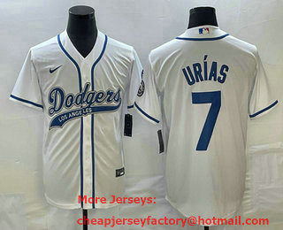 Men's Los Angeles Dodgers #7 Julio Urias White With Patch Cool Base Stitched Baseball Jersey 01