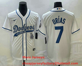 Men's Los Angeles Dodgers #7 Julio Urias White With Patch Cool Base Stitched Baseball Jersey 02