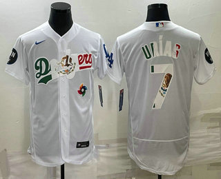 Men's Los Angeles Dodgers #7 Julio Urias White With Vin Scully Patch Flex Base Stitched Baseball Jersey 01