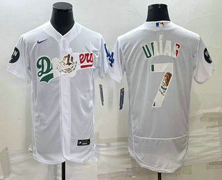 Men's Los Angeles Dodgers #7 Julio Urias White With Vin Scully Patch Flex Base Stitched Baseball Jersey