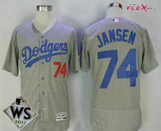 Men's Los Angeles Dodgers #74 Kenley Jansen Gray Alternate 2017 World Series Patch Stitched MLB Flex Base Jersey