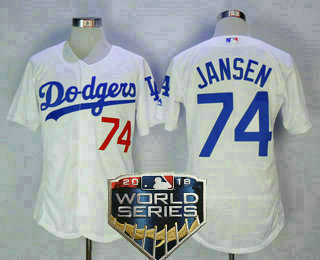 Men's Los Angeles Dodgers #74 Kenley Jansen White Home 2018 World Series Patch Stitched MLB Majestic Flex Base Jersey