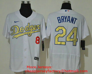 Men's Los Angeles Dodgers #8 #24 Kobe Bryant 2020 White Gold Sttiched Nike MLB Jersey
