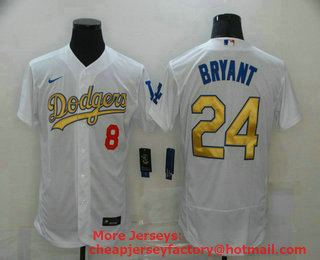 Men's Los Angeles Dodgers #8 #24 Kobe Bryant 2020 White Gold World Series Champions Patch Sttiched Nike MLB Jersey