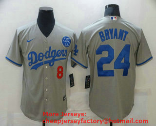 Men's Los Angeles Dodgers #8 #24 Kobe Bryant Grey KB Patch Stitched MLB Cool Base Nike Jersey 01