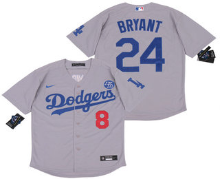 Men's Los Angeles Dodgers #8 #24 Kobe Bryant Grey KB Patch Stitched MLB Cool Base Nike Jersey