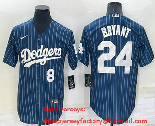 Men's Los Angeles Dodgers #8 #24 Kobe Bryant Number Navy Blue Pinstripe Stitched MLB Cool Base Nike Jersey