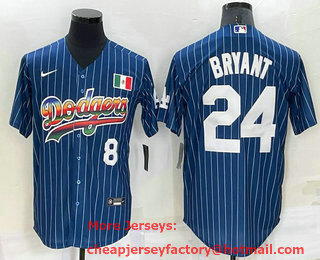 Men's Los Angeles Dodgers #8 #24 Kobe Bryant Number Rainbow Blue Red Pinstripe Mexico Cool Base Nike Jersey 01