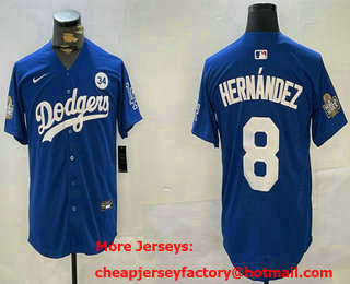 Men's Los Angeles Dodgers #8 Enrique Hernandez Blue 2024 World Series With Fernando 34 Patch Limited Stitched Jersey