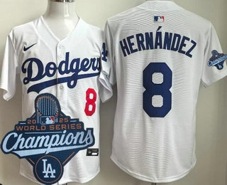 Men's Los Angeles Dodgers #8 Enrique Hernandez White 2025 World Series Champions Limited Jersey