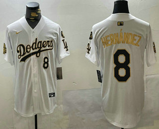 Men's Los Angeles Dodgers #8 Enrique Hernandez White Gold 2024 World Series 34 Patch Stitched Limited Jersey