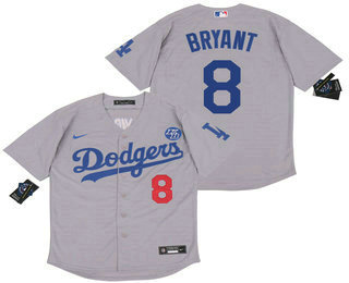 Men's Los Angeles Dodgers #8 Kobe Bryant Grey KB Patch Stitched MLB Cool Base Nike Jersey 1