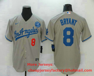 Men's Los Angeles Dodgers #8 Kobe Bryant Grey KB Patch Stitched MLB Cool Base Nike Jersey