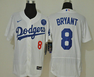 Men's Los Angeles Dodgers #8 Kobe Bryant White KB Patch Stitched MLB Flex Base Nike Jersey