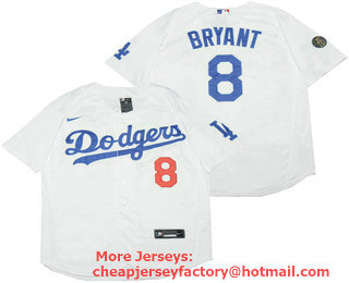 Men's Los Angeles Dodgers #8 Kobe Bryant White Sleeved With KB Patch Stitched MLB Flex Base Nike Jersey