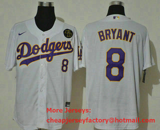 Men's Los Angeles Dodgers #8 Kobe Bryant White With Purple Name KB Patch Stitched MLB Cool Base Nike Jersey