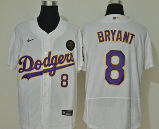 Men's Los Angeles Dodgers #8 Kobe Bryant White With Purple Name KB Patch Stitched MLB Flex Base Nike Jersey