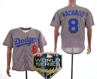 Men's Los Angeles Dodgers #8 Manny Machado With Small Number Gray Alternate 2018 World Series Patch Stitched MLB Cool Base Jersey
