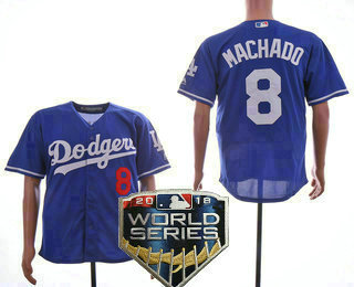 Men's Los Angeles Dodgers #8 Manny Machado With Small Number Royal Blue 2018 World Series Patch Stitched MLB Cool Base MLB Jersey