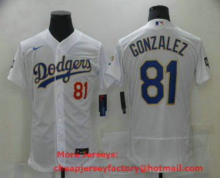 Men's Los Angeles Dodgers #81 Victor Gonzalez White Gold Champions Patch Stitched MLB Flex Base Nike Jersey