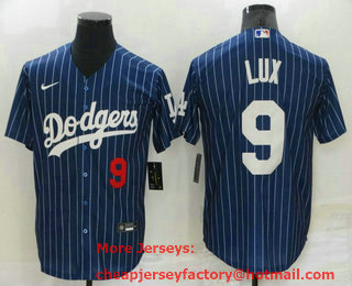 Men's Los Angeles Dodgers #9 Gavin Lux Number Red Navy Blue Pinstripe Stitched MLB Cool Base Nike Jersey